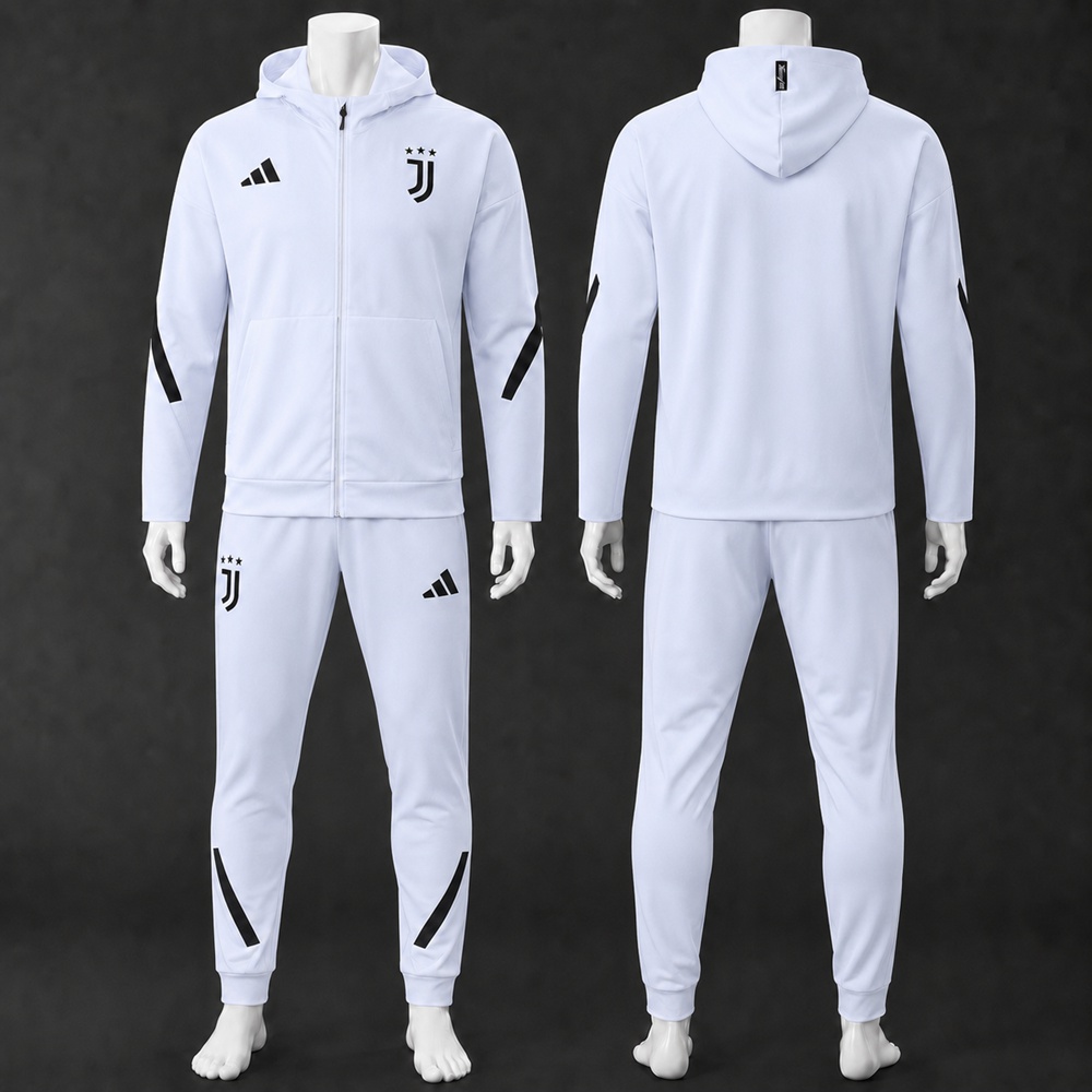Juventus 25/26 White Black Hooded Jacket Long Pants Tracksuit Set