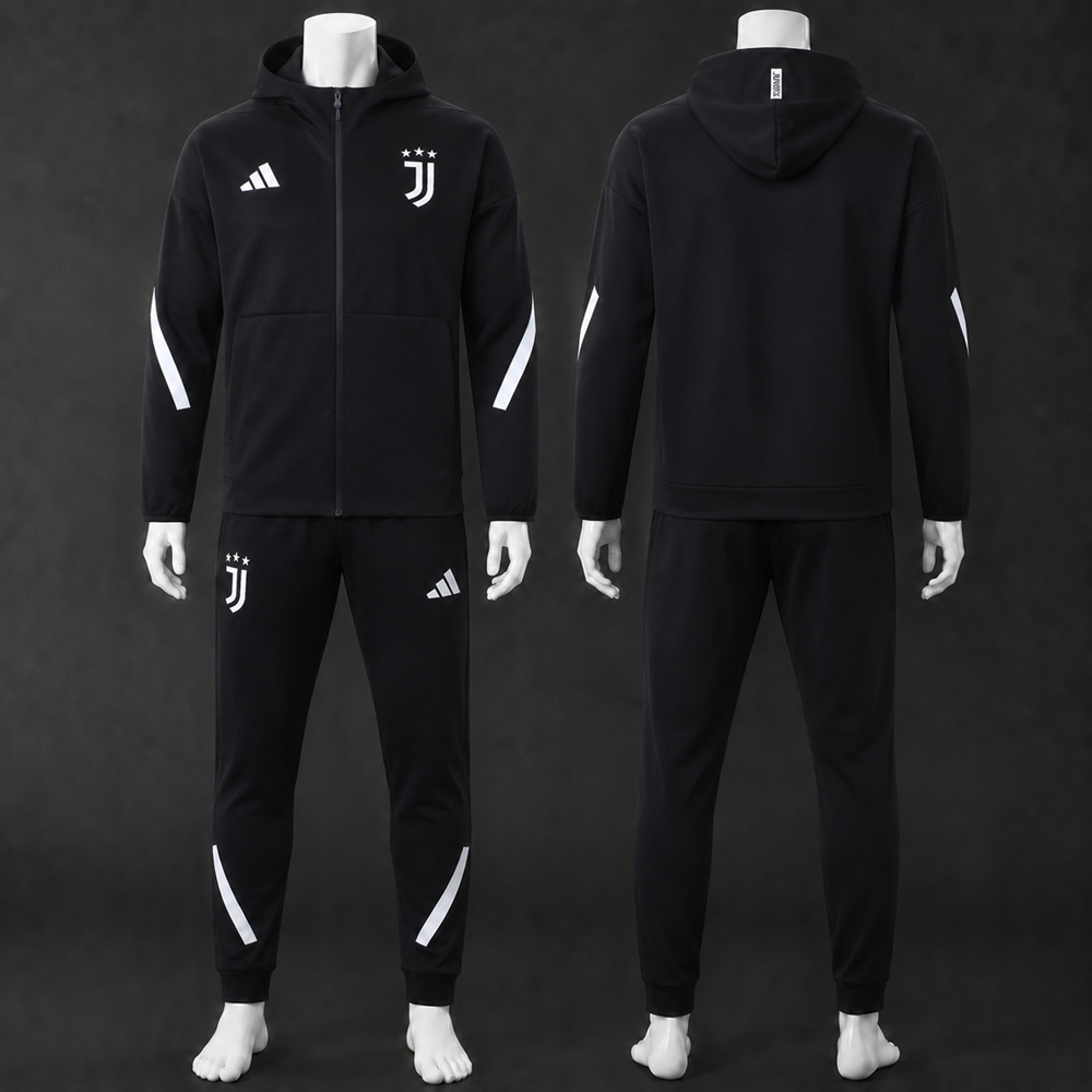 Juventus 25/26 Black White Hooded Jacket Long Pants Tracksuit Set
