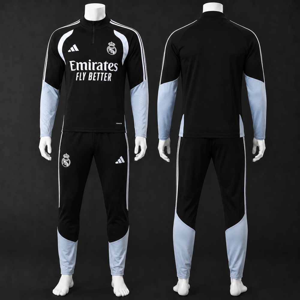 Real Madrid 26/27 Black Light Blue Half Zip Tracksuit