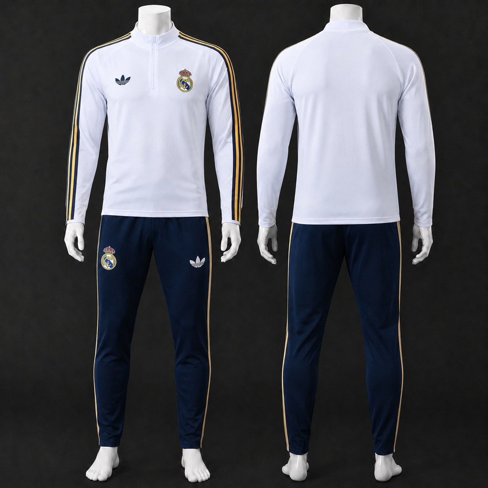 Real Madrid 26/27 White Navy Retro Half Zip Tracksuit