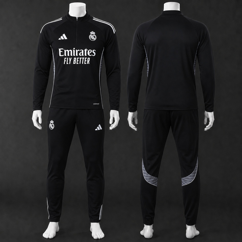 Real Madrid 25/26 Black White Half Zip Tracksuit