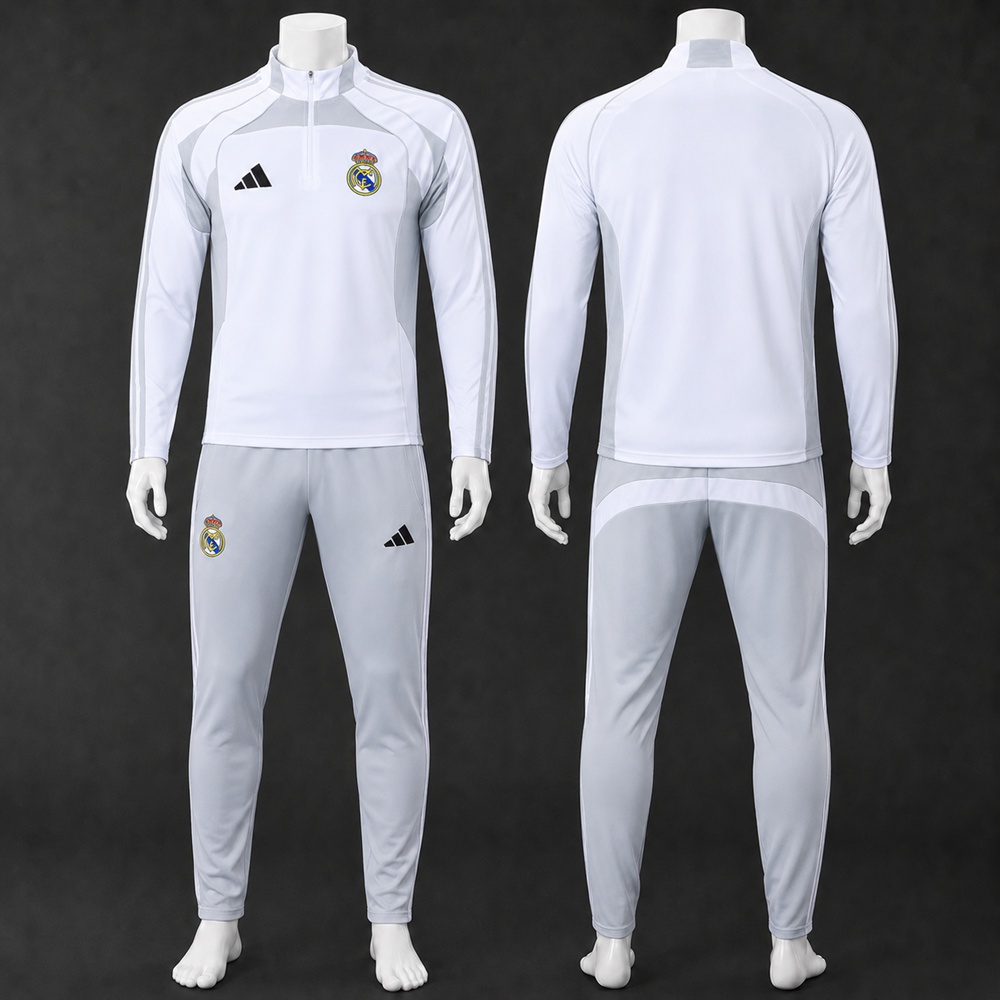 Real Madrid 25/26 White Grey Half Zip Tracksuit