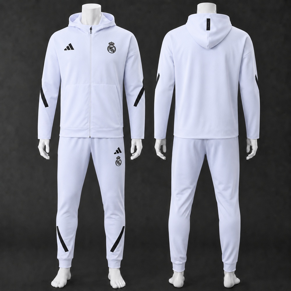Real Madrid 25/26 White Black Hooded Jacket Long Pants Tracksuit Set