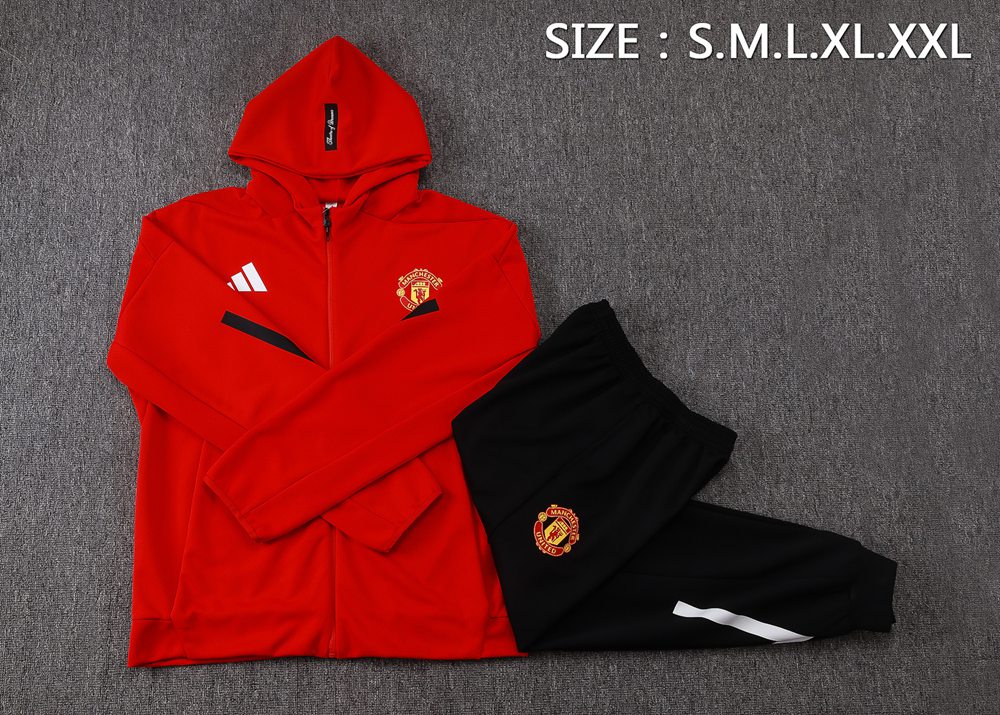 Manchester United 25/26 Red Black Hooded Jacket Long Pants Tracksuit Set Foto 2