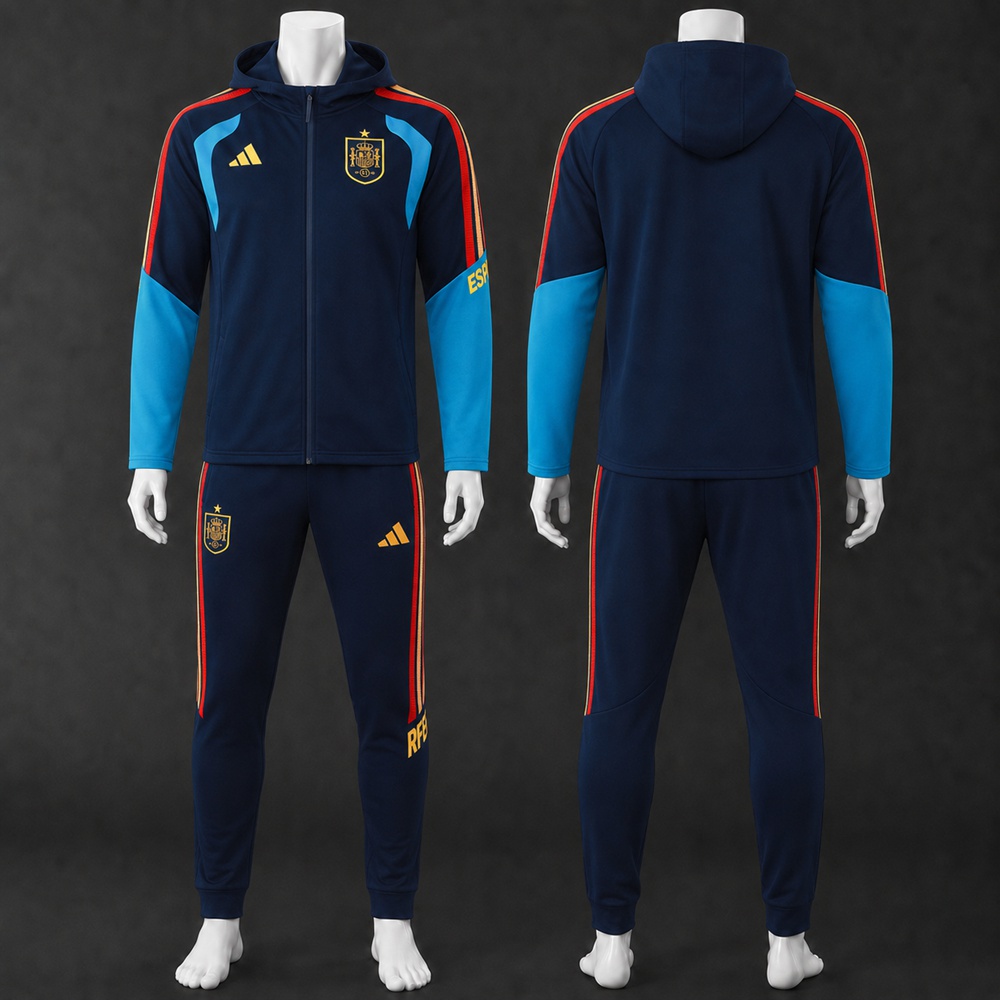 Spain 26/27 Navy Cyan Hooded Jacket Long Pants Tracksuit Set