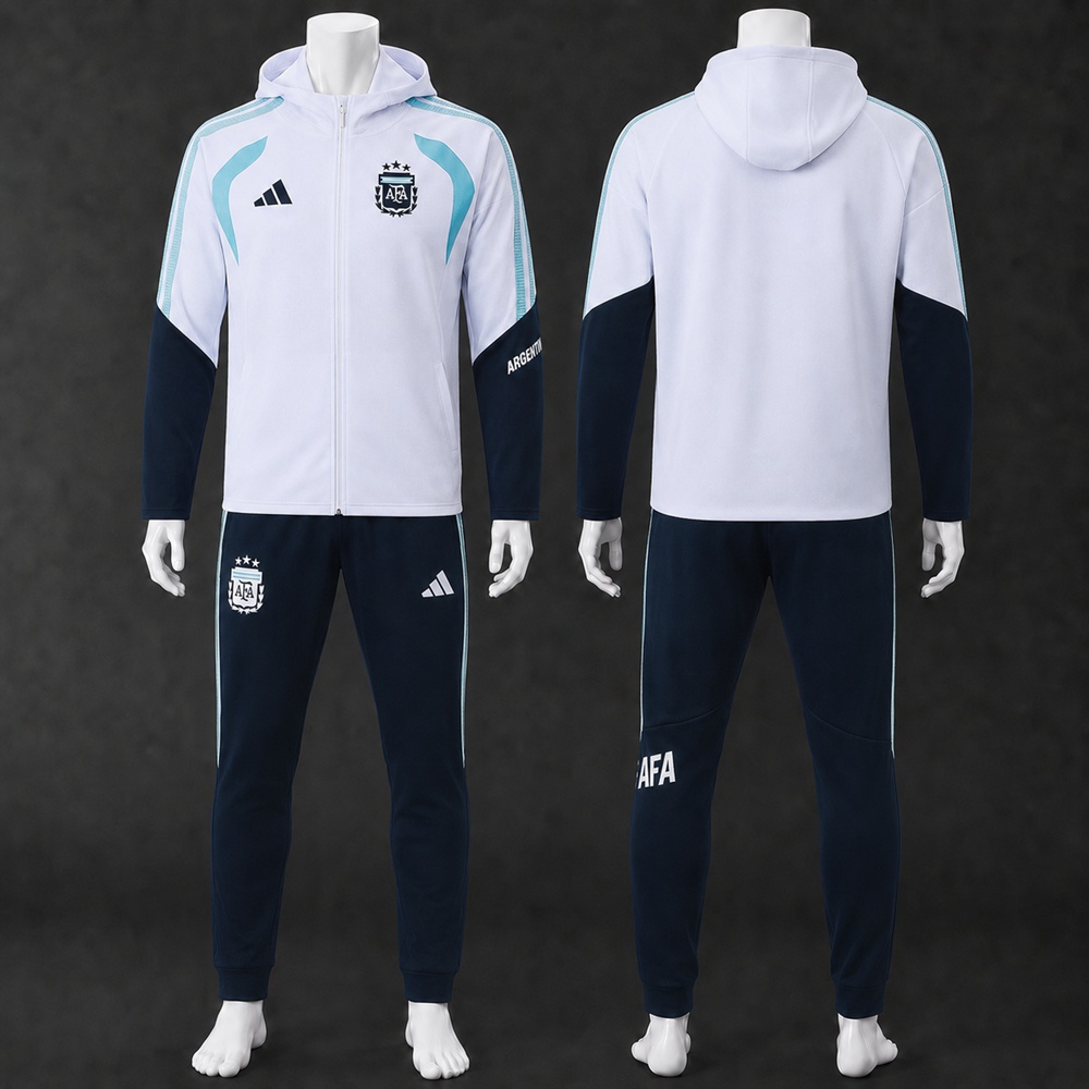 Argentina 26/27 White Navy Hooded Jacket Long Pants Tracksuit Set