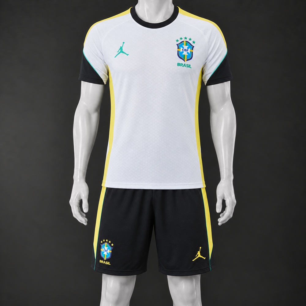 Brazil 26/27 White Black Yellow Short-Sleeve Shorts Set