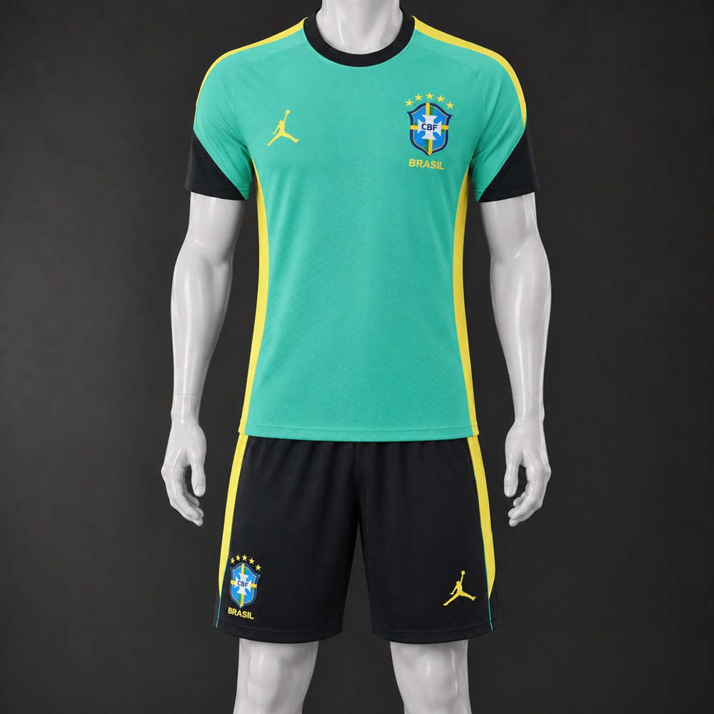 Brazil 26/27 Turquoise Black Yellow Short-Sleeve Shorts Set