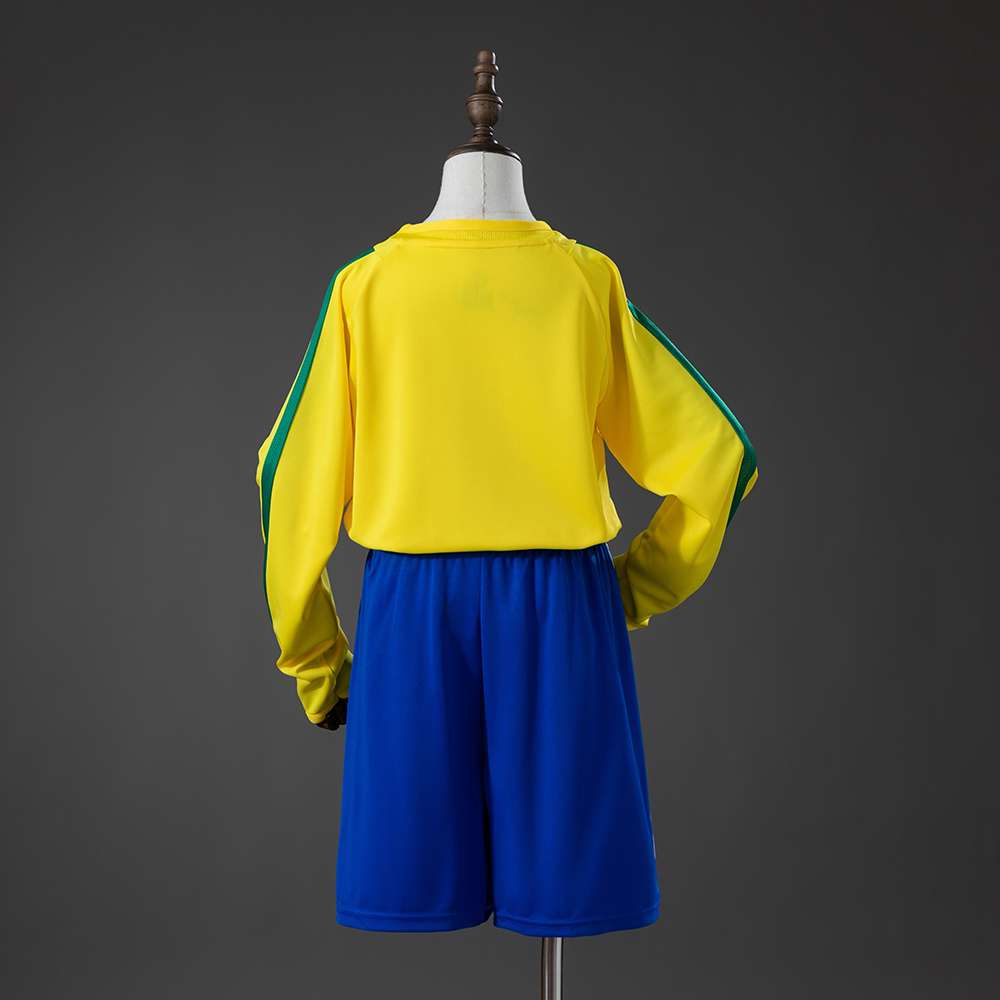 Brazil 2002 Home Retro Long Sleeve Kids Kit Jersey Foto 2